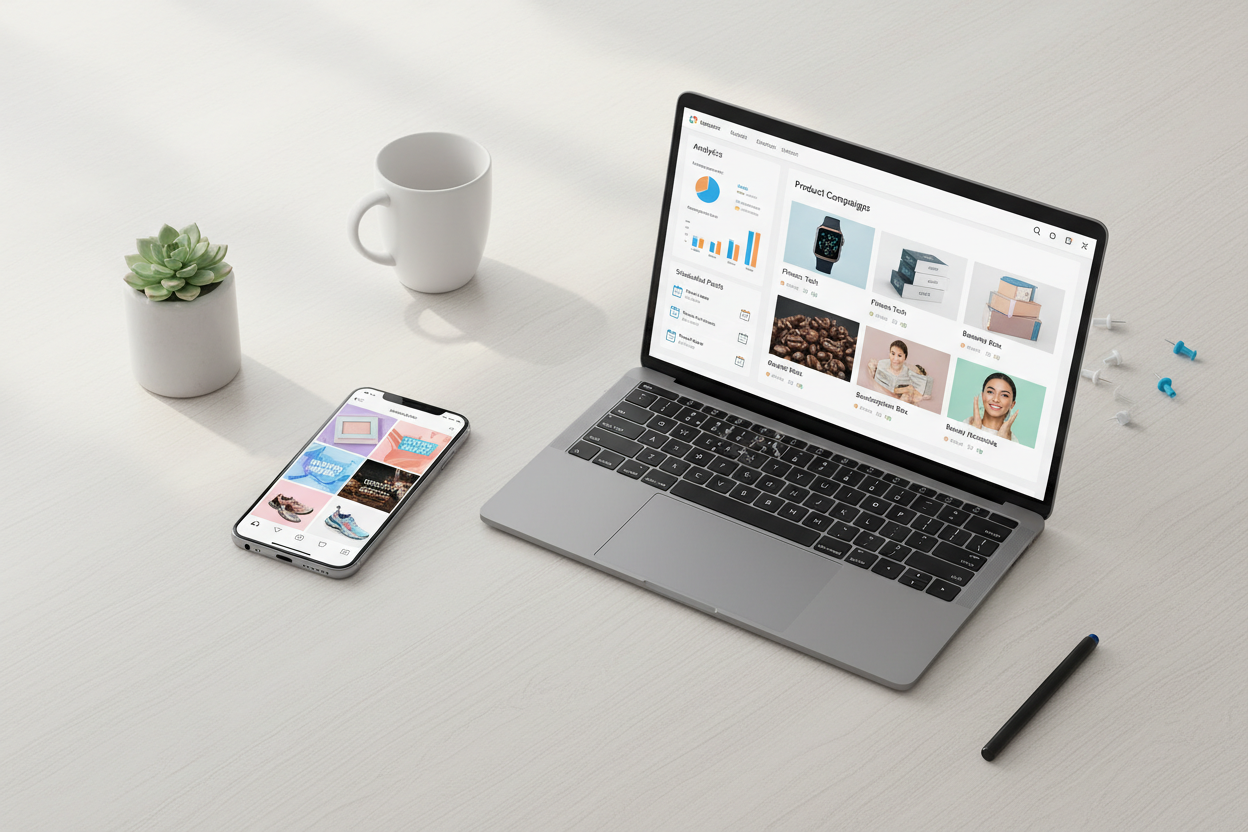 phone and computer showing social media content marketing. don't show people, just products